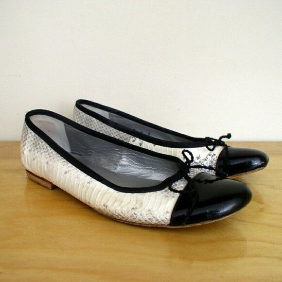 FS/NY French Sole New York Python Ballet Flats Black White Cap Toe Shoe Sz 6 - Picture 1 of 9